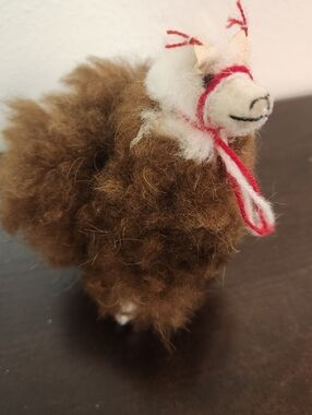 Handmade Brown Wool Alpaca Figurine with Red Accent